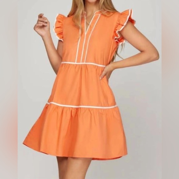 Orange Tiered Sundress with Flutter Sleeves - Picture 2 of 2